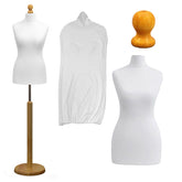 Display Geek Female Dressmakers Dummy White Torso with Light wood Round Base Stand